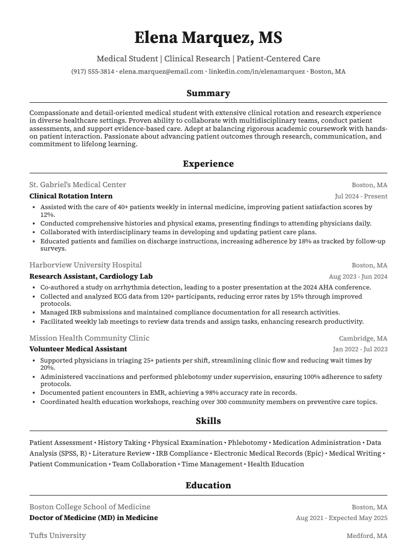 Medical Student Resume Example