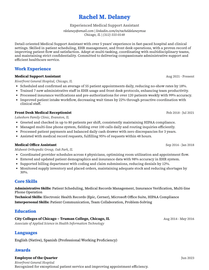Medical Support Assistant Resume Example