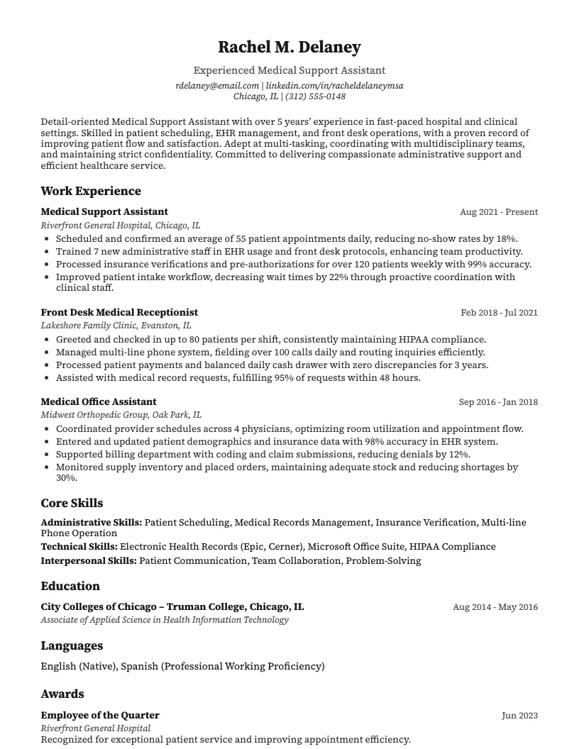 Medical Support Assistant Resume Example