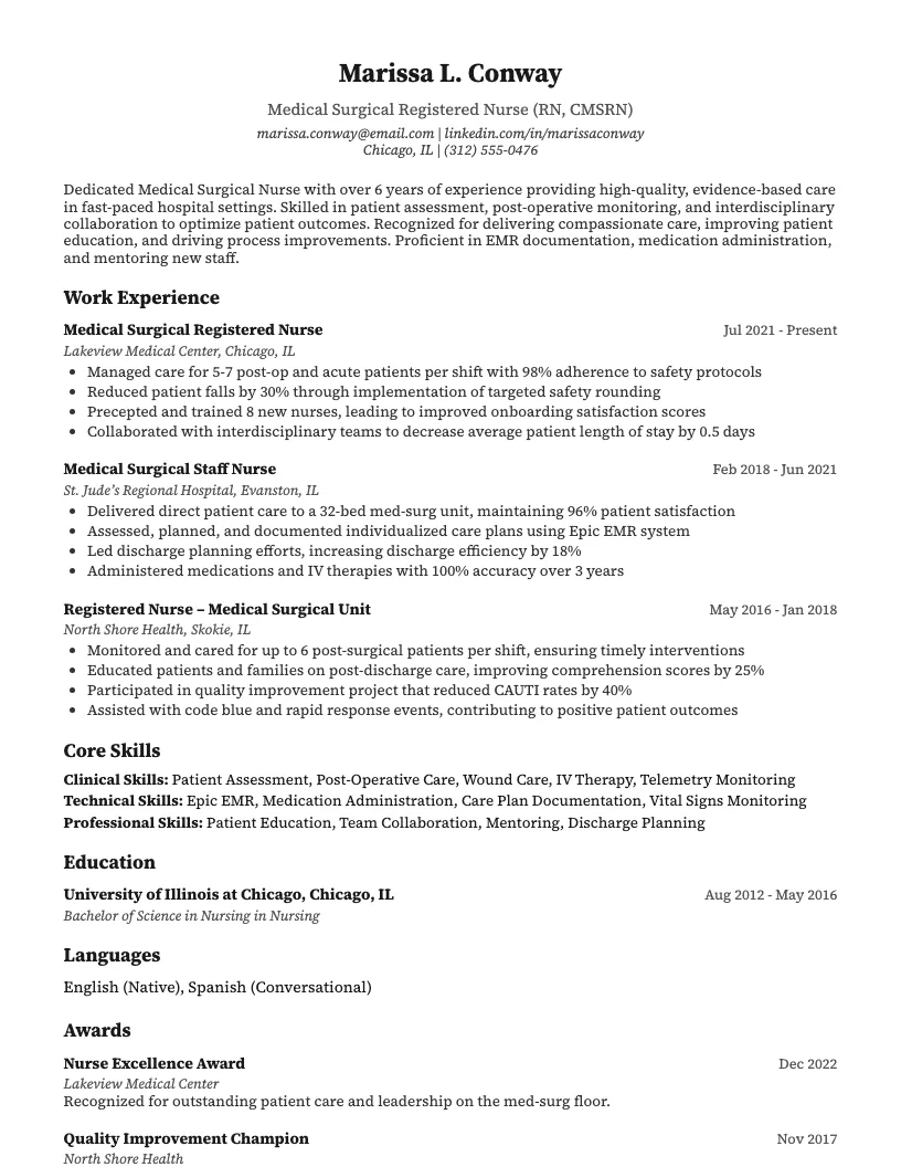 Medical Surgical Nurse resume example