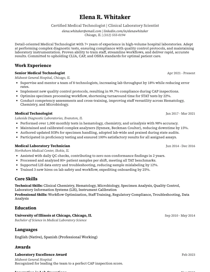 Medical Technologist Resume Example