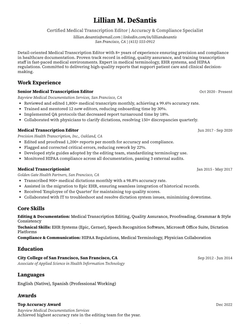 Medical Transcription Editor Resume Example