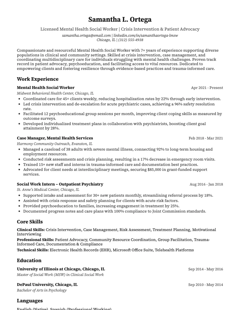 Mental Health Social Worker Resume Example
