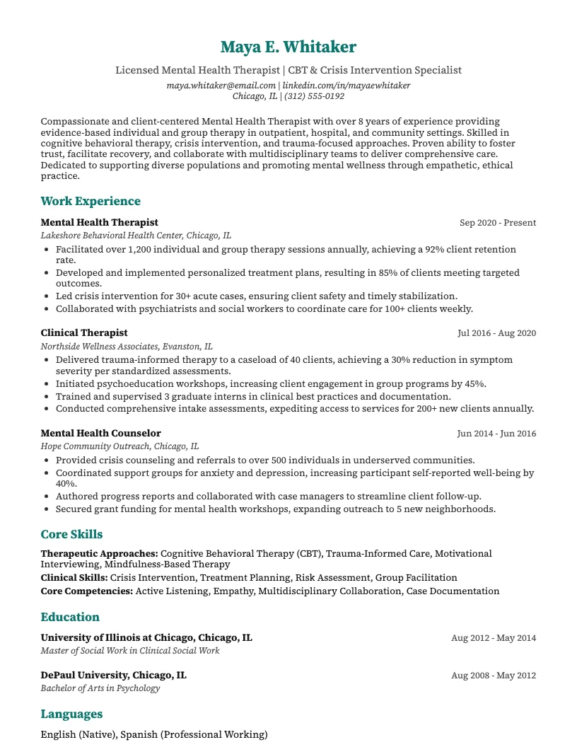Mental Health Therapist Resume Example