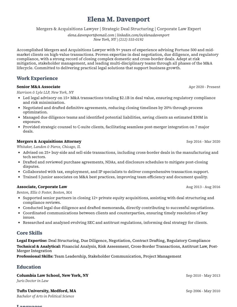 Mergers And Acquisitions Lawyer Resume Example