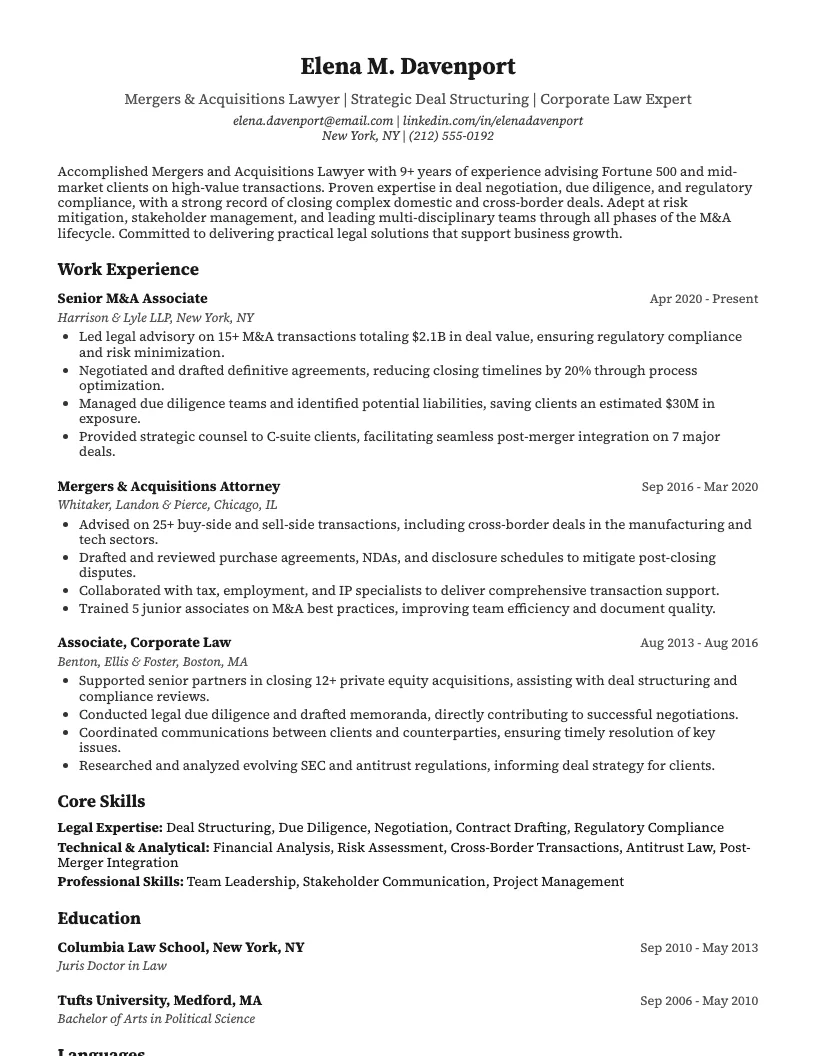 Mergers and Acquisitions Lawyer Resume Example