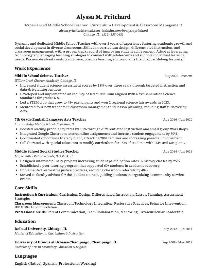 Middle School Teacher Resume Example