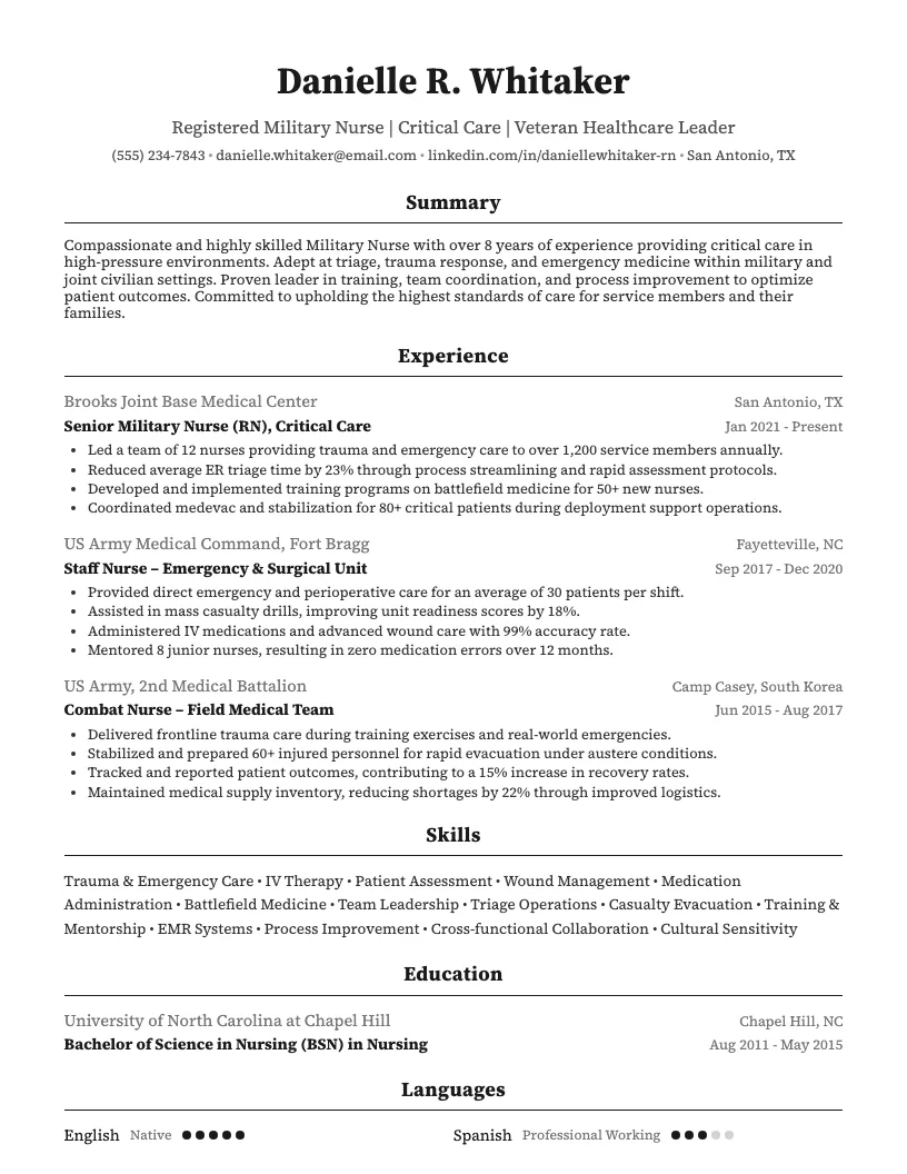 Military Nurse Resume Example
