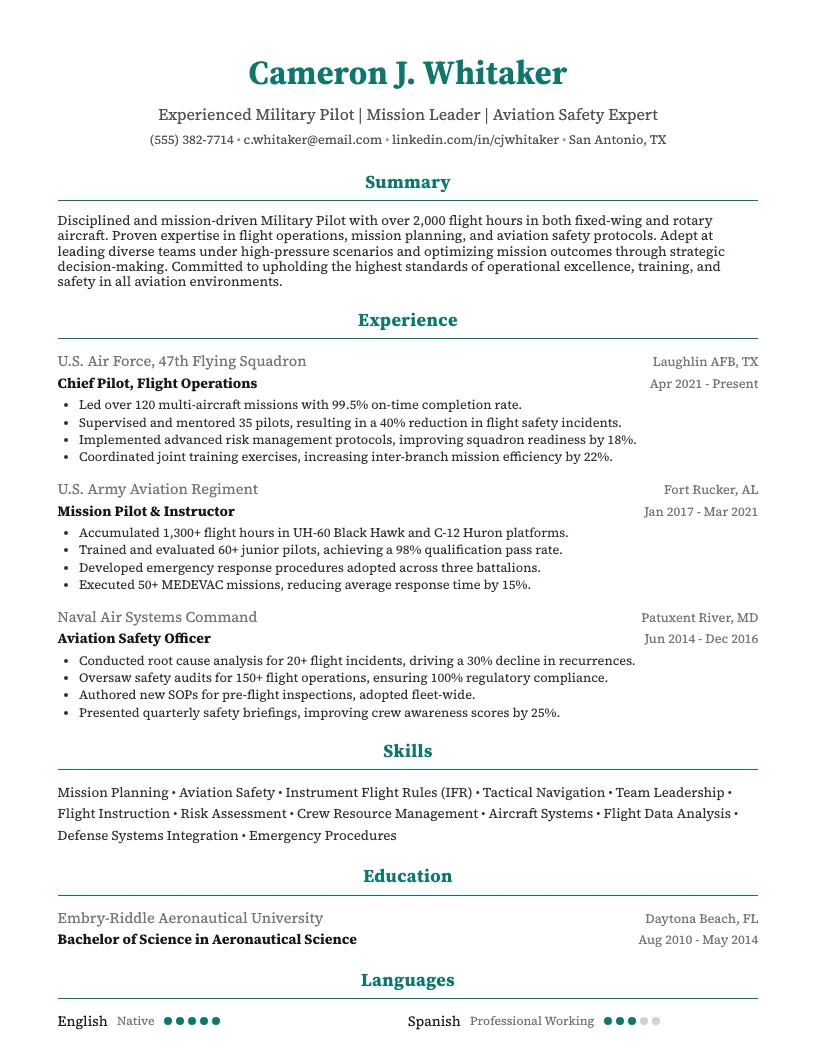 Military Pilot Resume Example