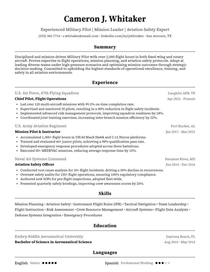 Military Pilot Resume Example