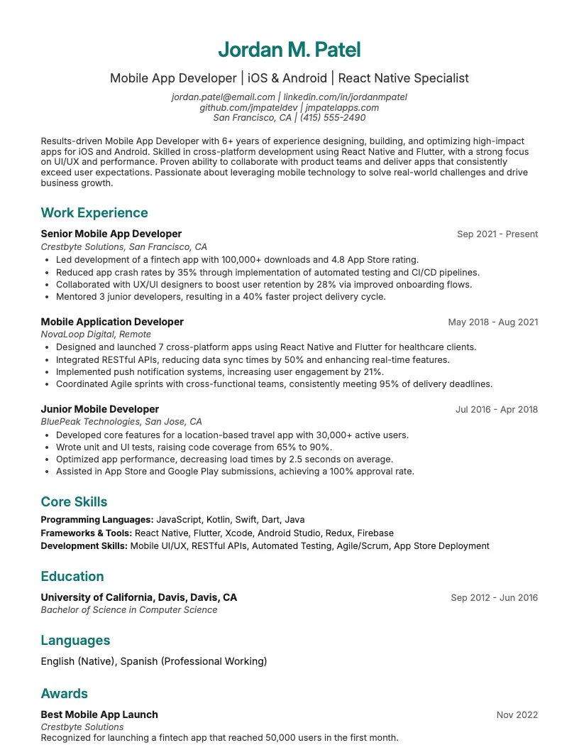 Mobile App Developer Resume Example