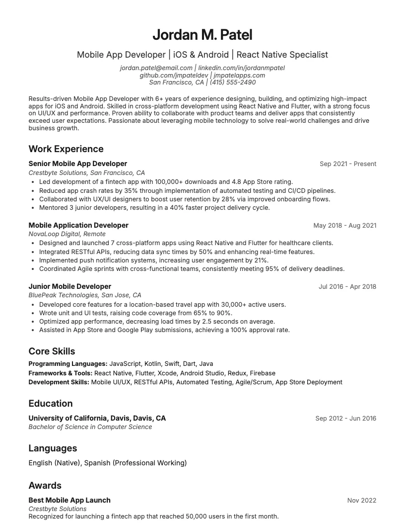 Mobile App Developer Resume Example
