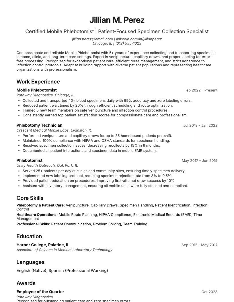 Mobile Phlebotomist Resume Example
