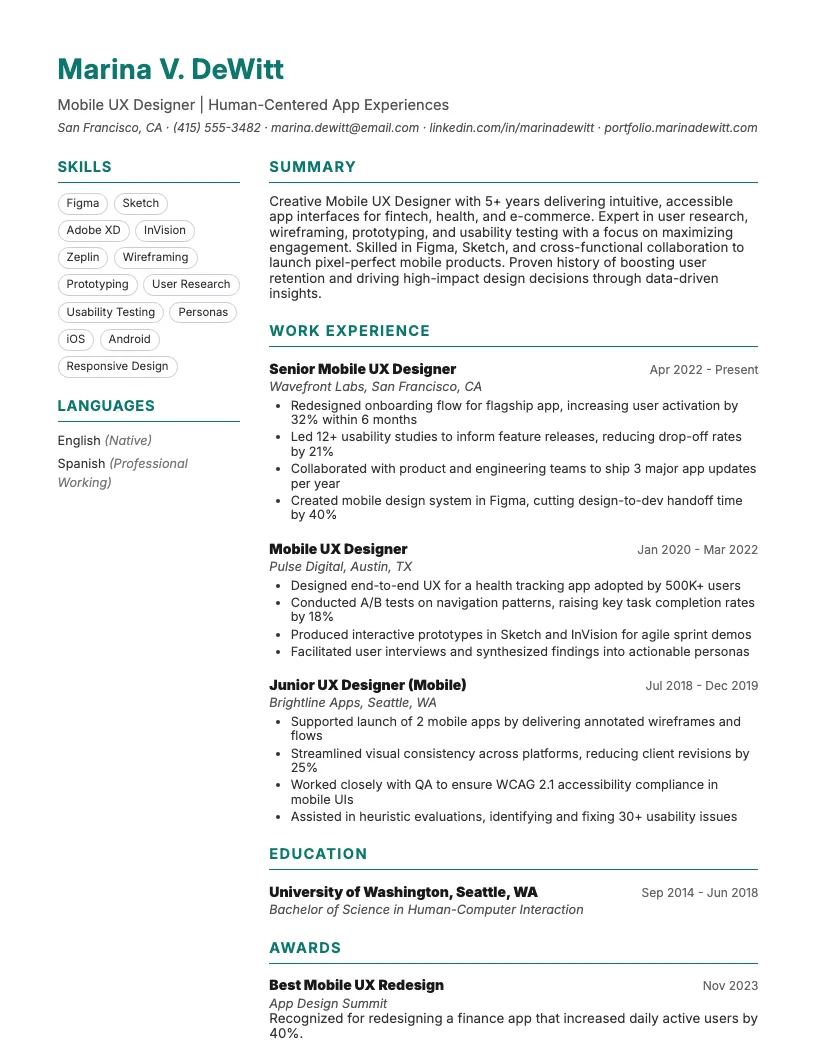 Mobile UX Designer Resume Example