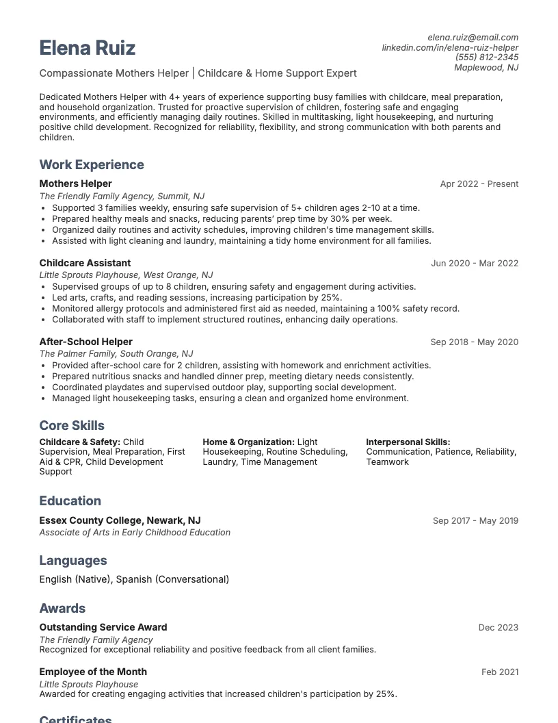 Mothers Helper Resume Example