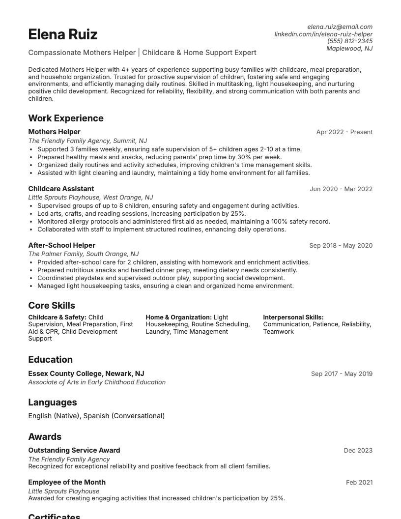 Mothers Helper Resume Example
