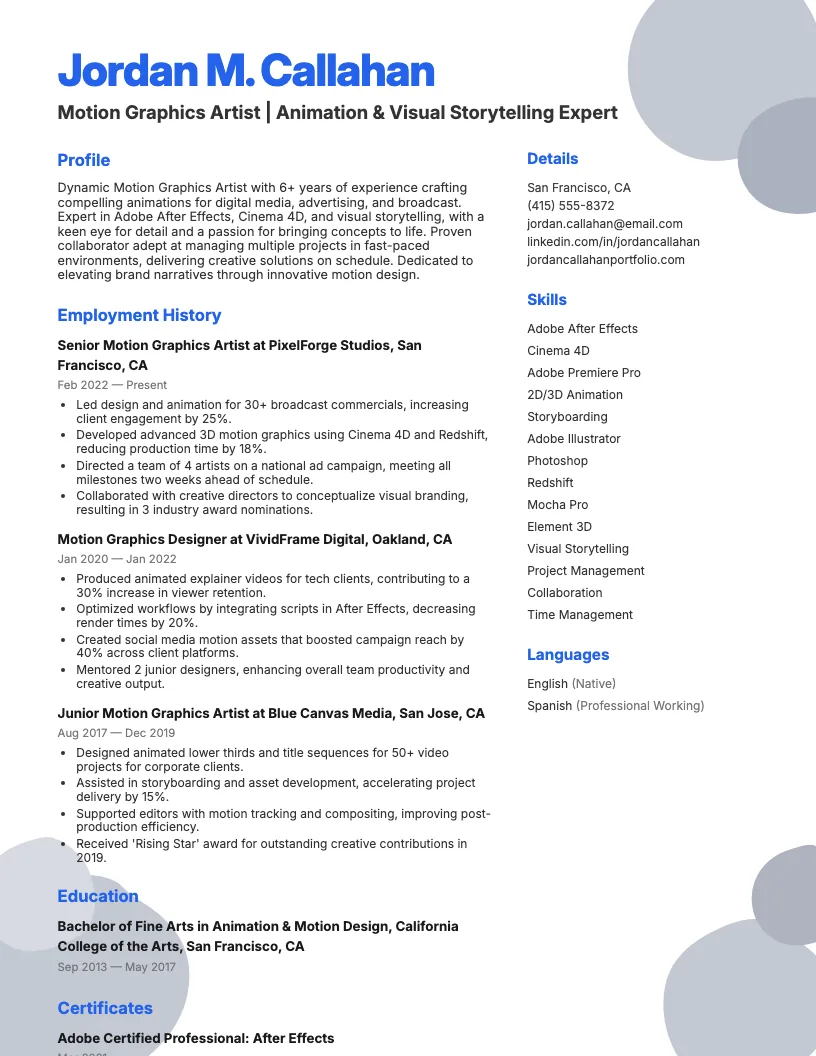 Motion Graphics Artist Resume Example