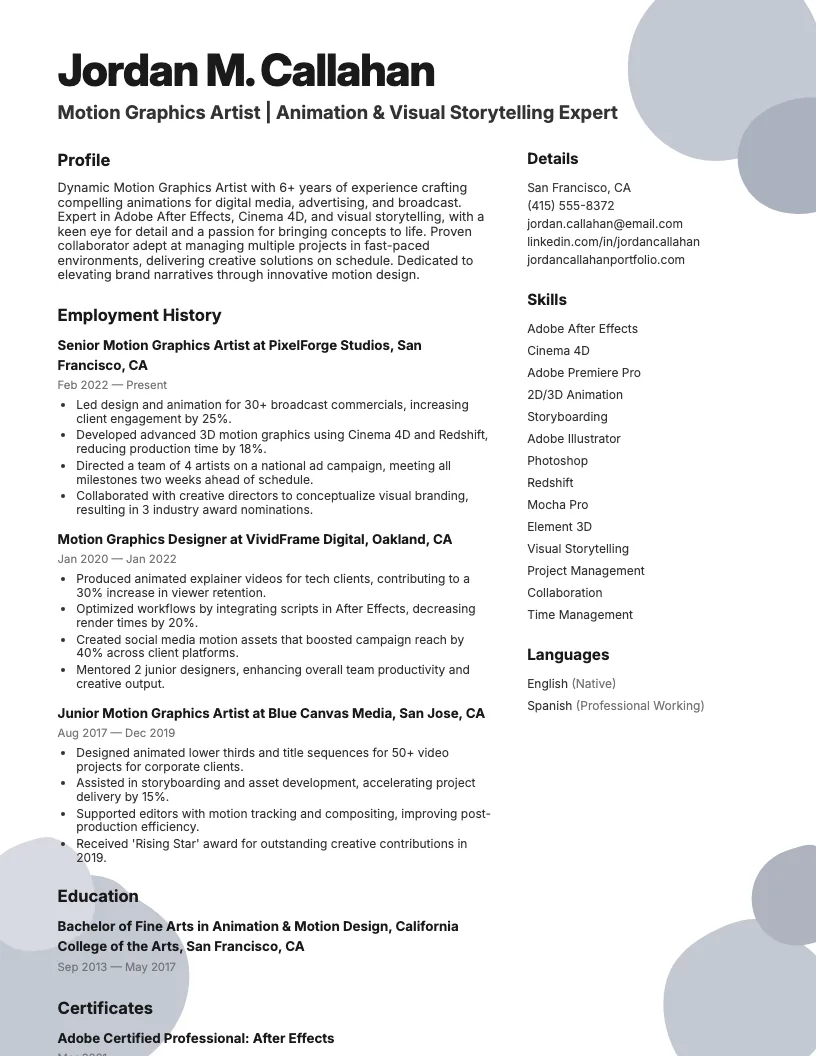 Motion Graphics Artist Resume Example