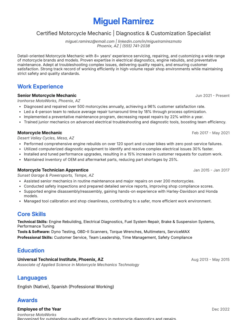 Motorcycle Mechanic Resume Example