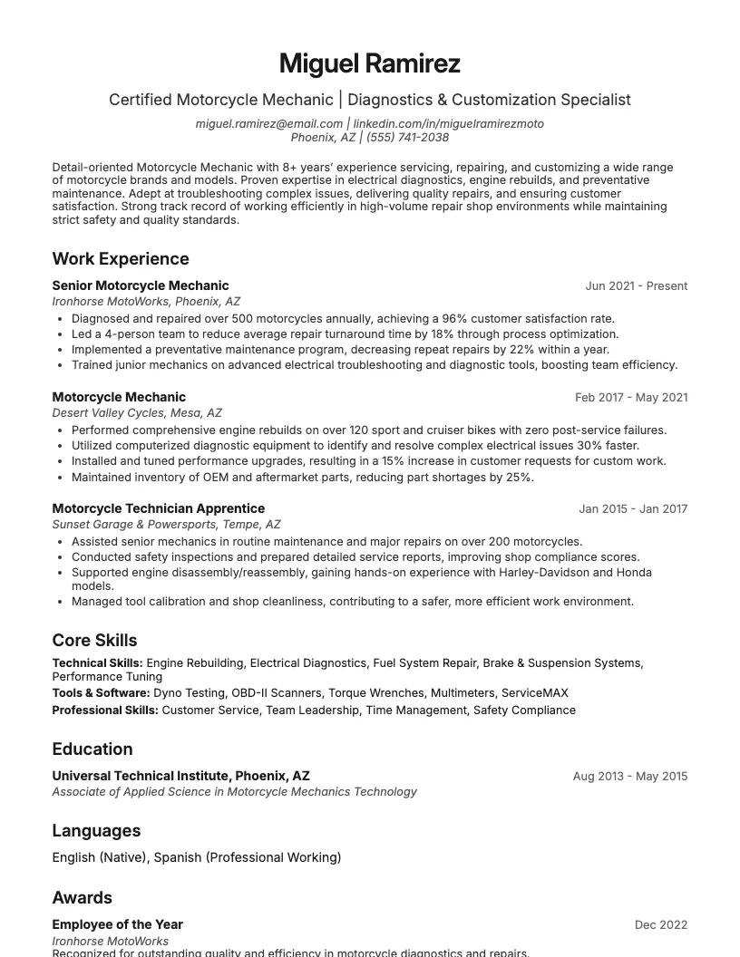 Motorcycle Mechanic Resume Example