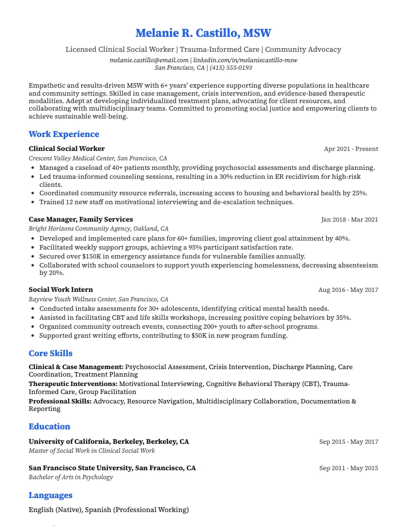 Msw Master Of Social Work Resume Example
