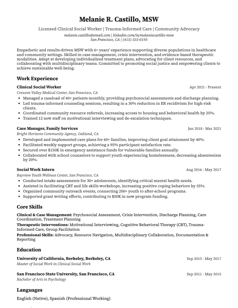 Msw Master Of Social Work Resume Example