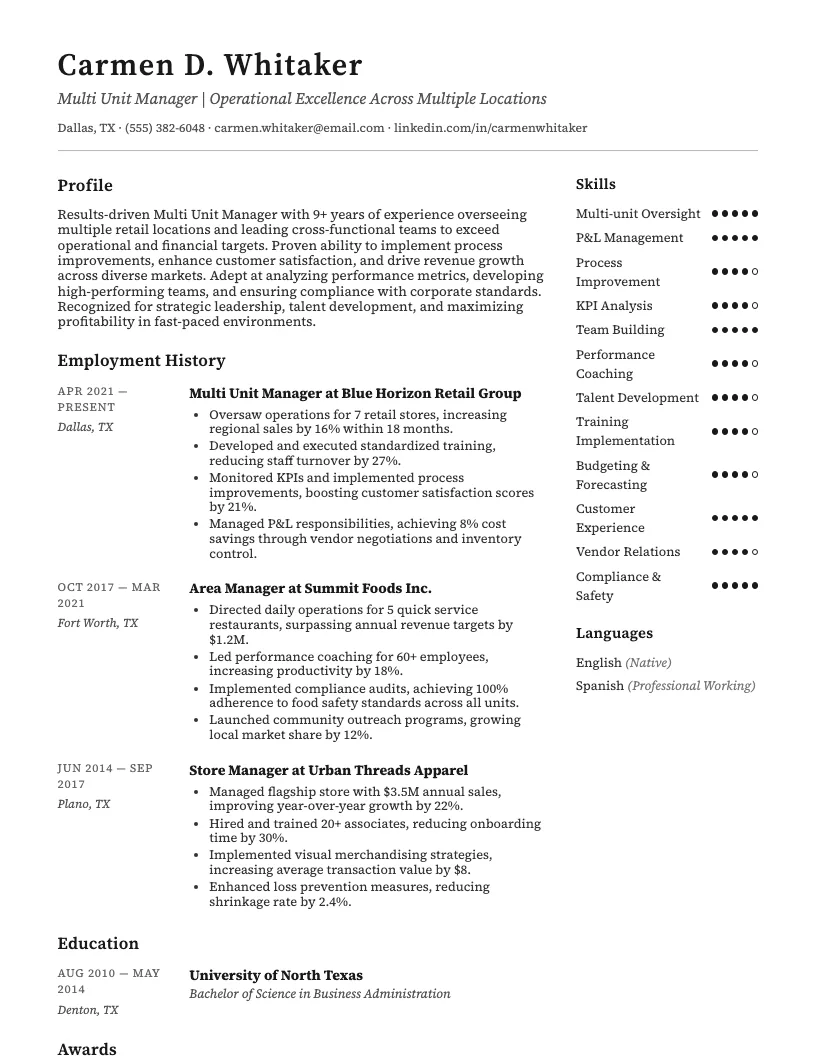 Multi-Unit Manager Resume Example