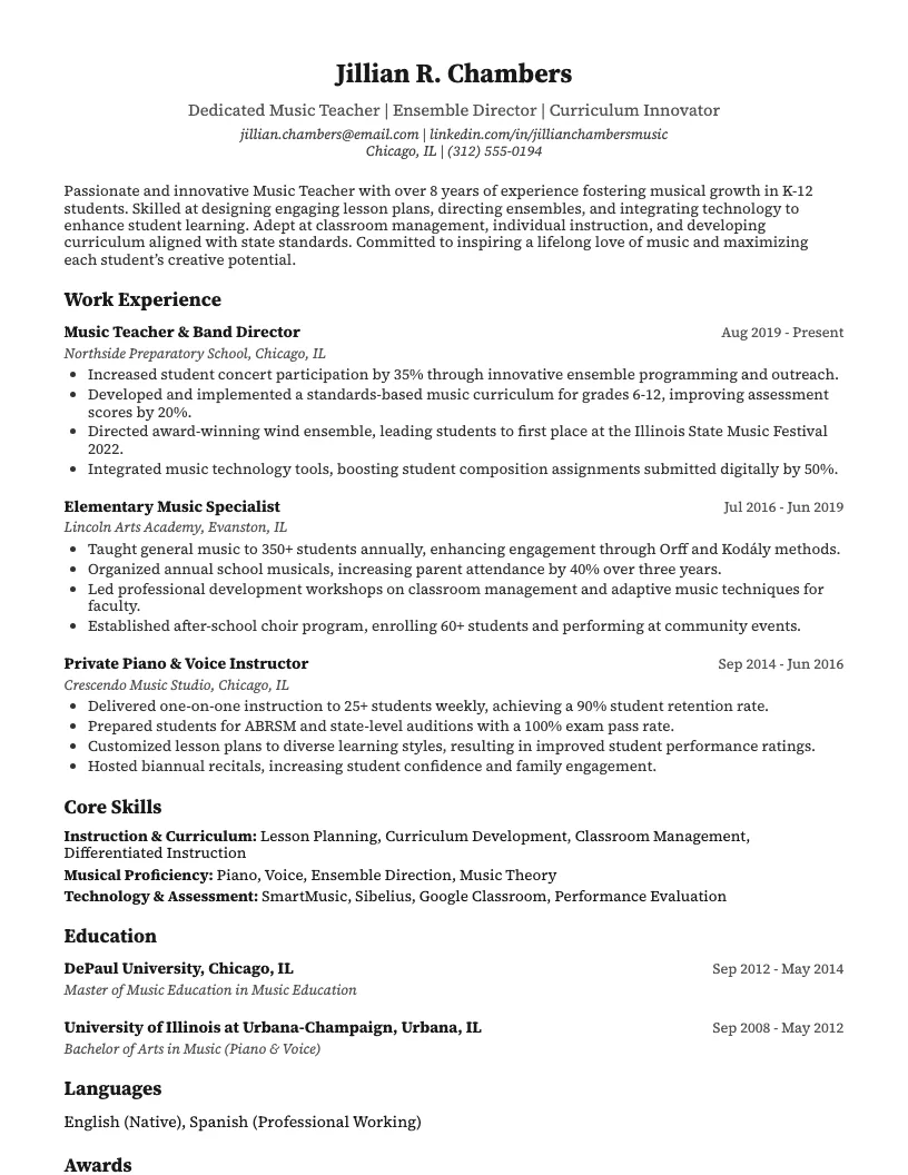 Music Teacher Resume Example