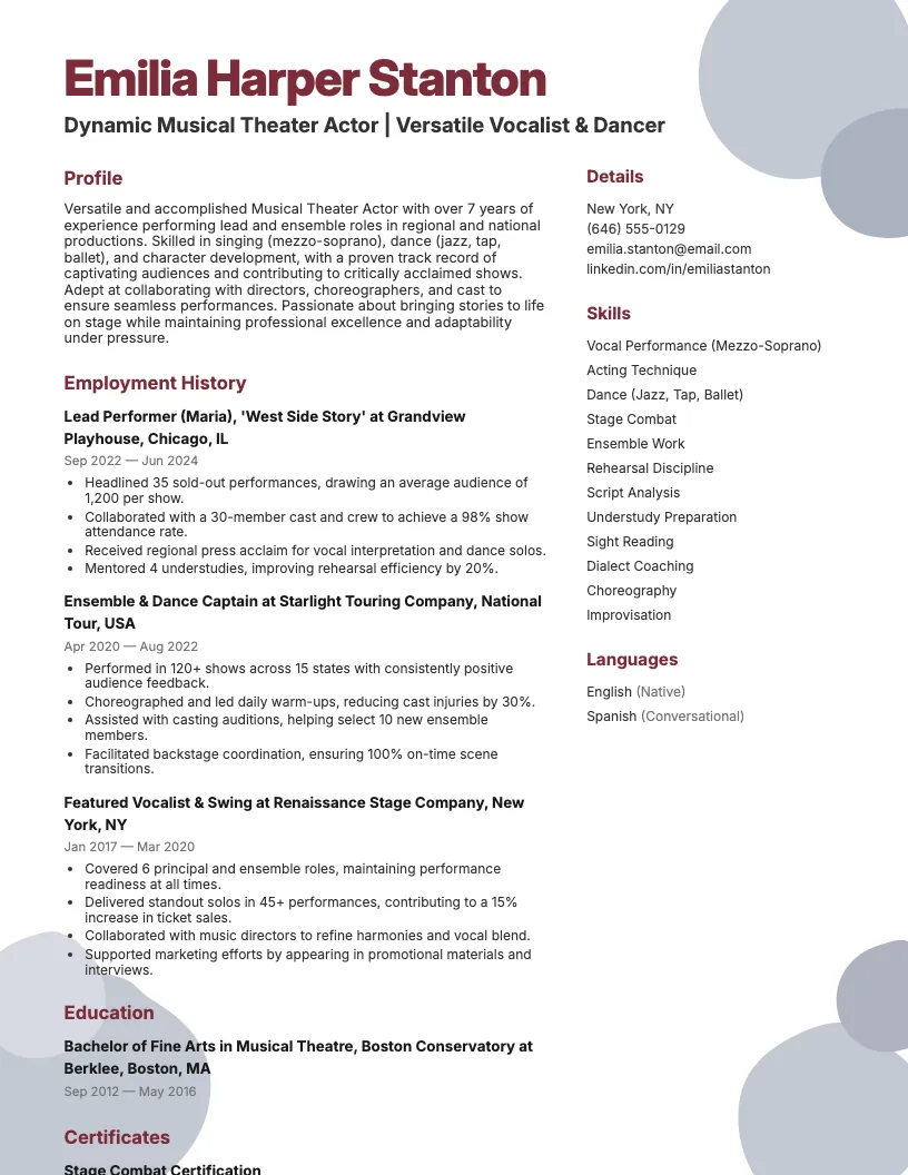 Musical Theater Actor Resume Example