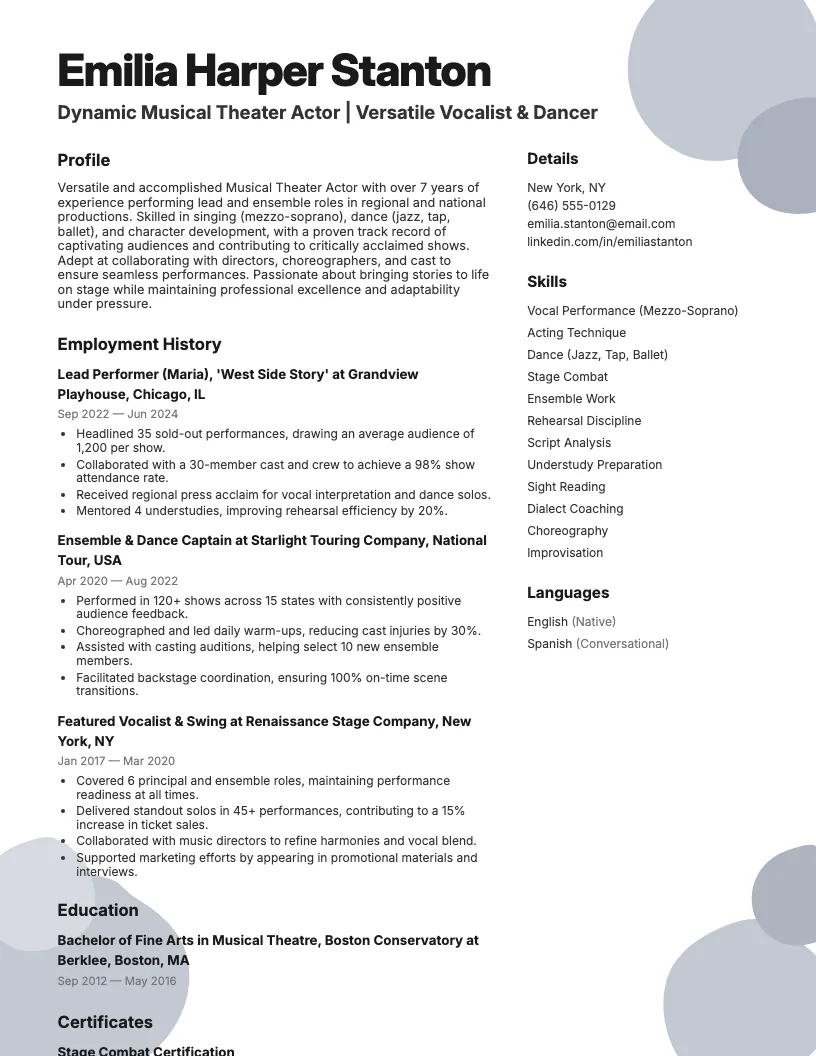 Musical Theater Actor Resume Example
