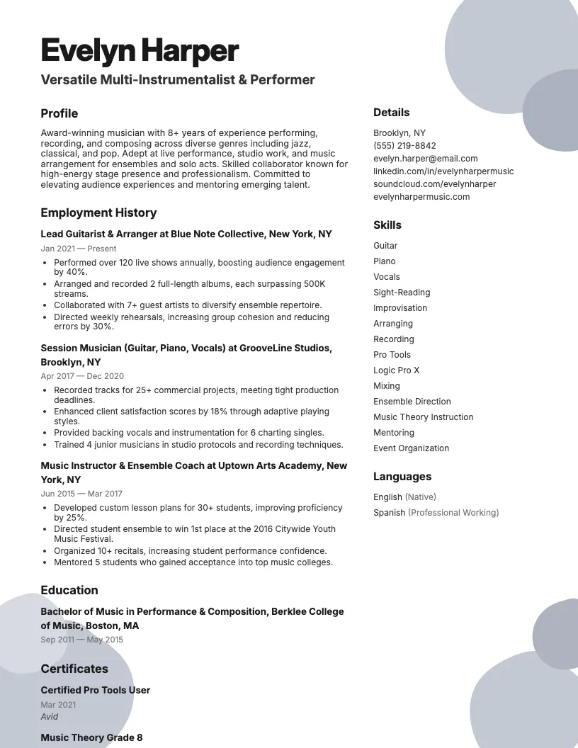 Musician resume example