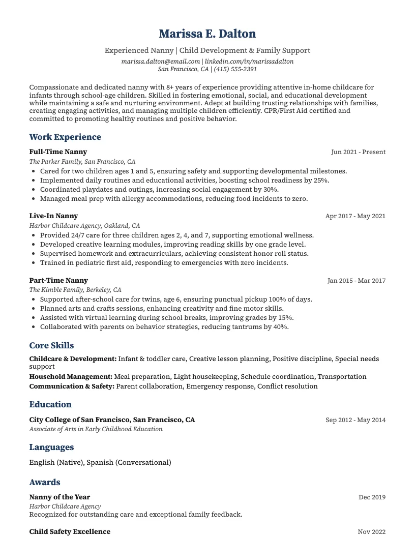 Nanny Resume Example