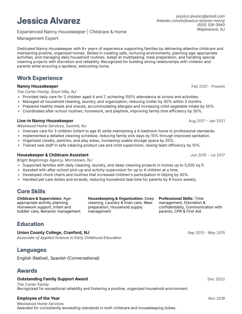 Nanny Housekeeper Resume Example