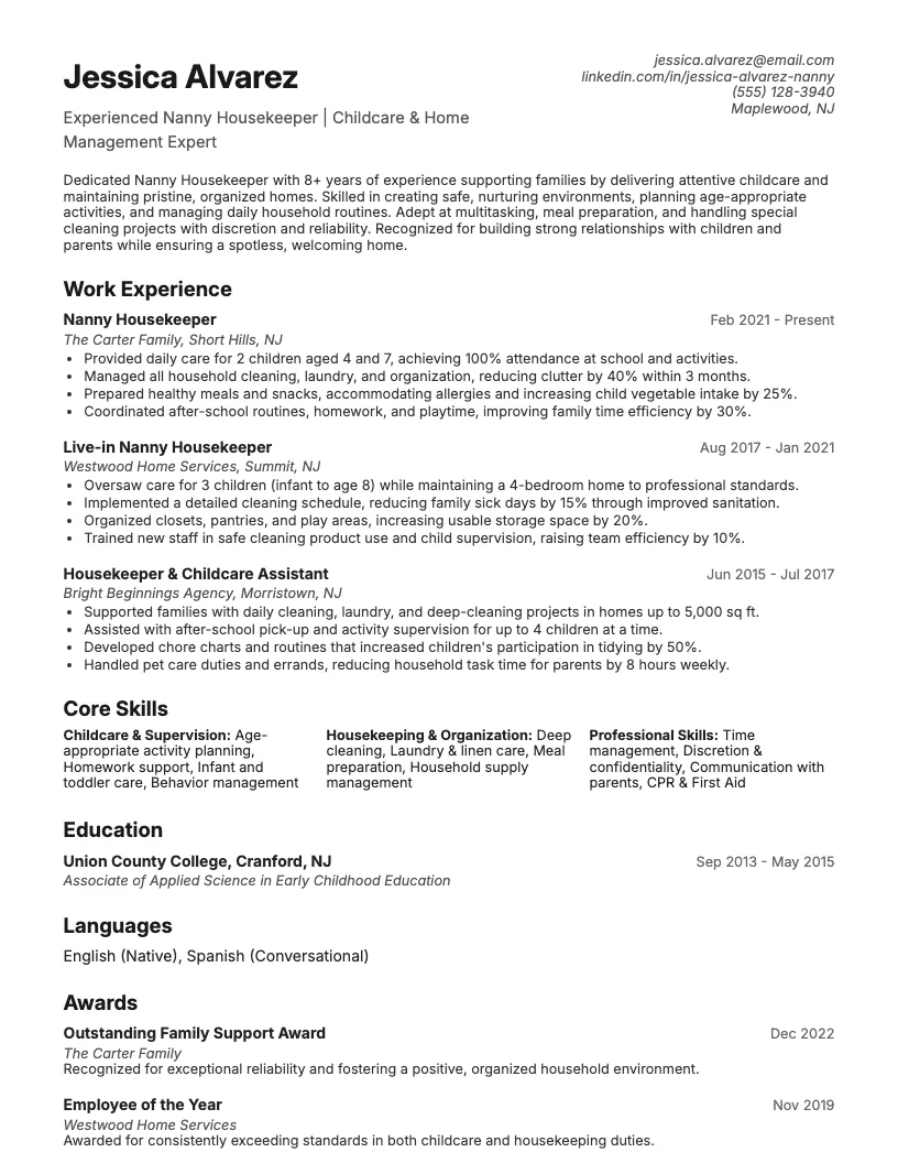 Nanny Housekeeper Resume Example