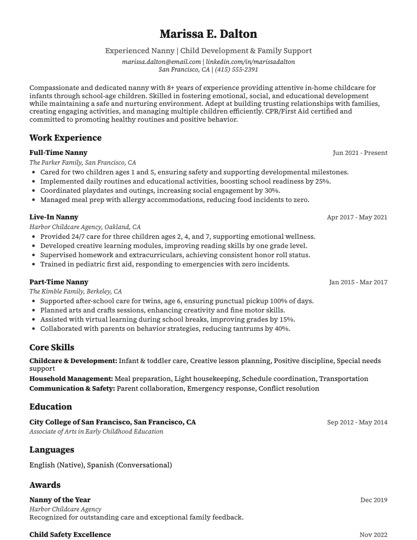 Nanny Resume Example