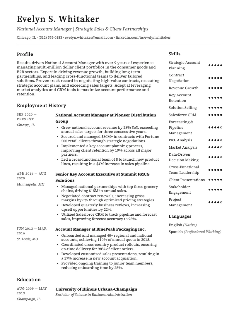 National Account Manager Resume Example