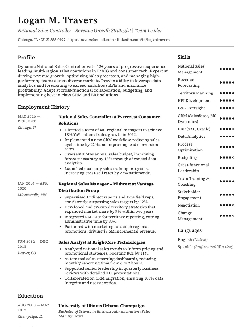 National Sales Controller Resume Example
