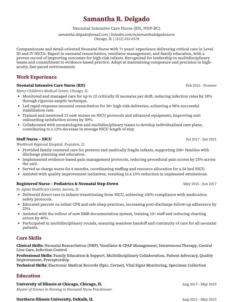 Neonatal Nurse Resume Example