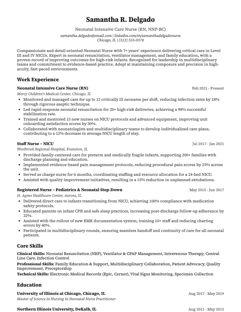 Neonatal Nurse Resume Example