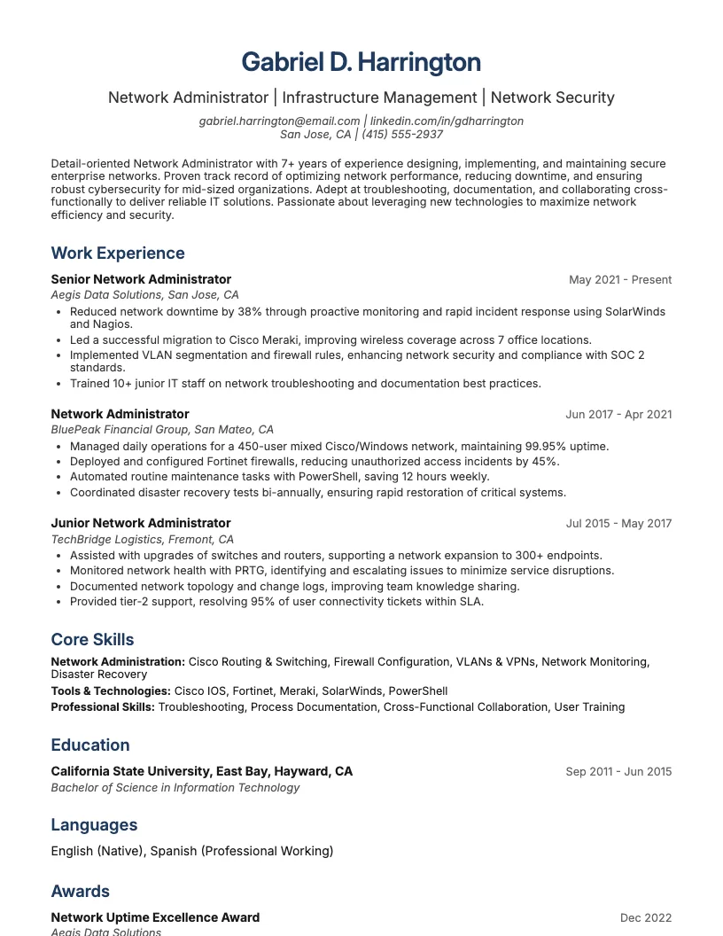 Network Administrator Resume Example