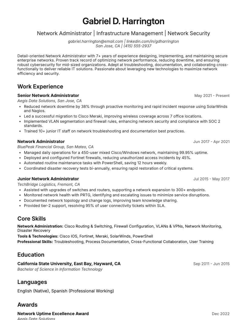 Network Administrator Resume Example