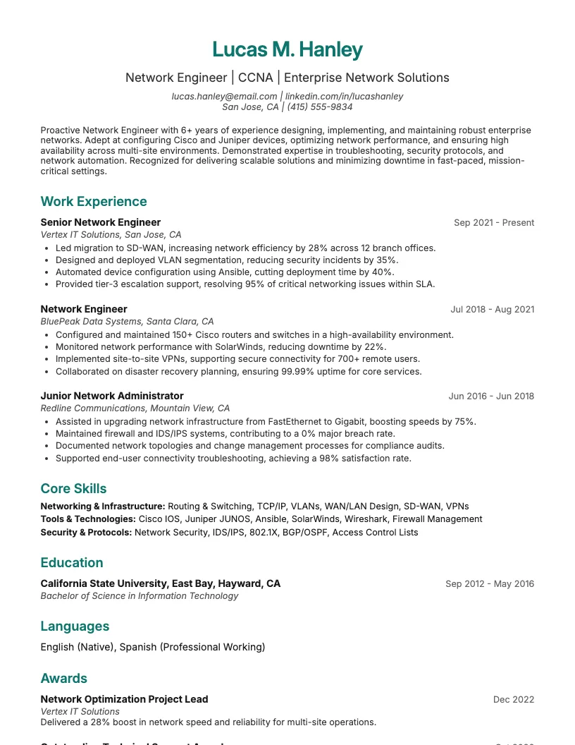 Network Engineer Resume Example