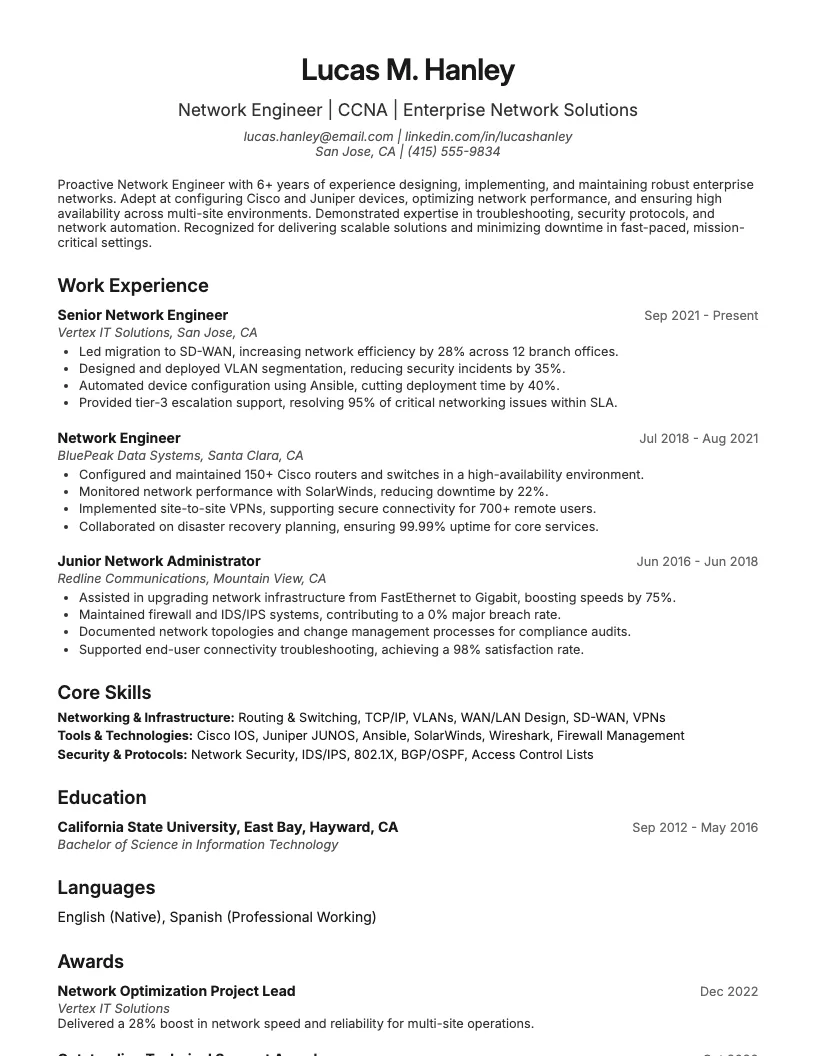 Network Engineer Resume Example