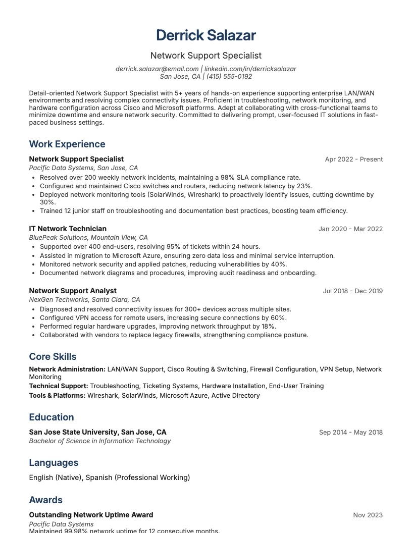 Network Support Specialist Resume Example