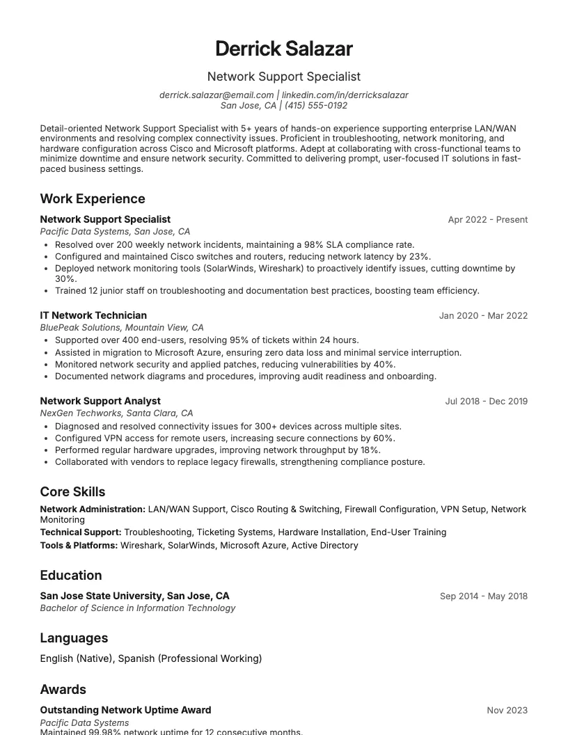 Network Support Specialist Resume Example