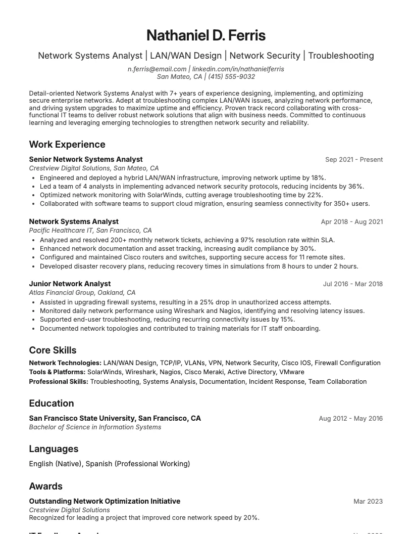 Network Systems Analyst Resume Example