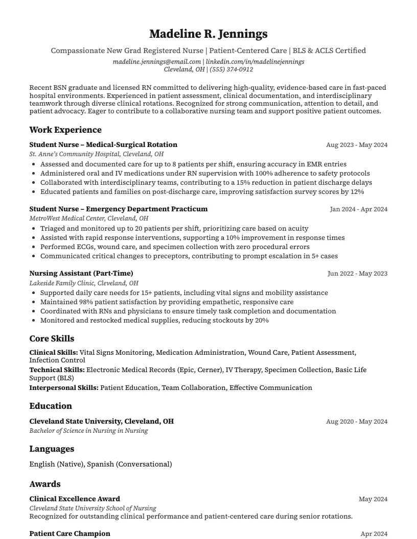 New Grad Nurse Resume Example
