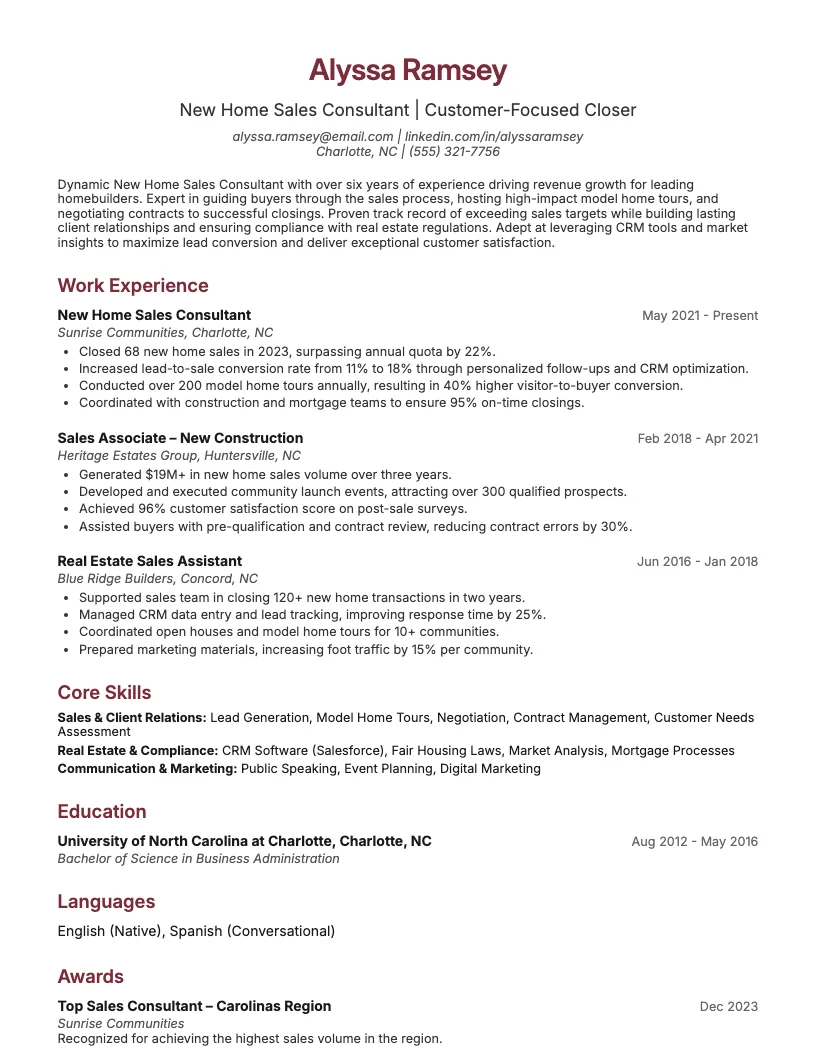 New Home Sales Consultant Resume Example