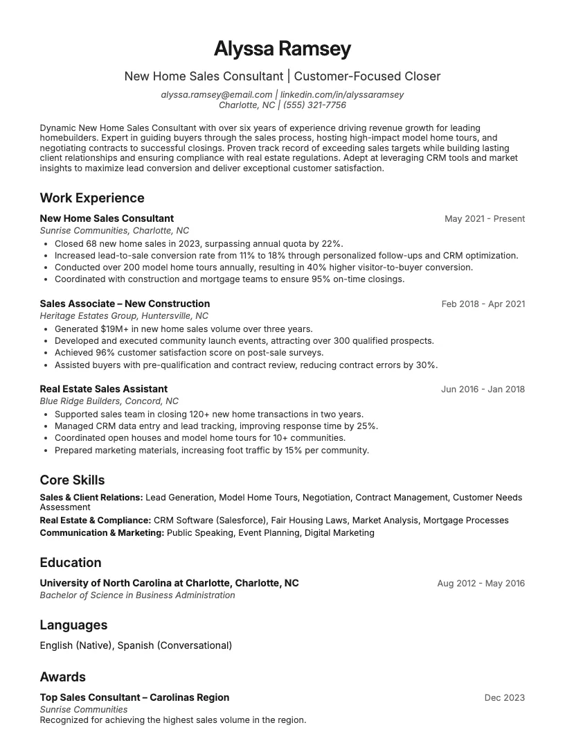 New Home Sales Consultant Resume Example