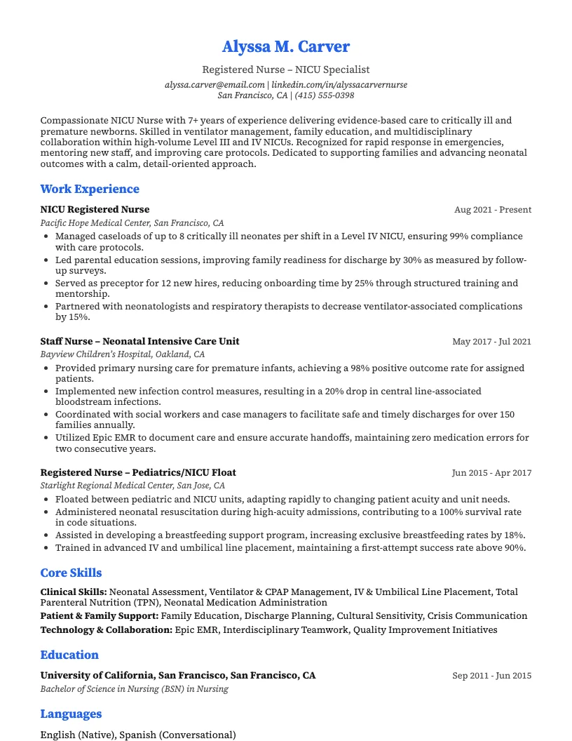 NICU Nurse Resume Example